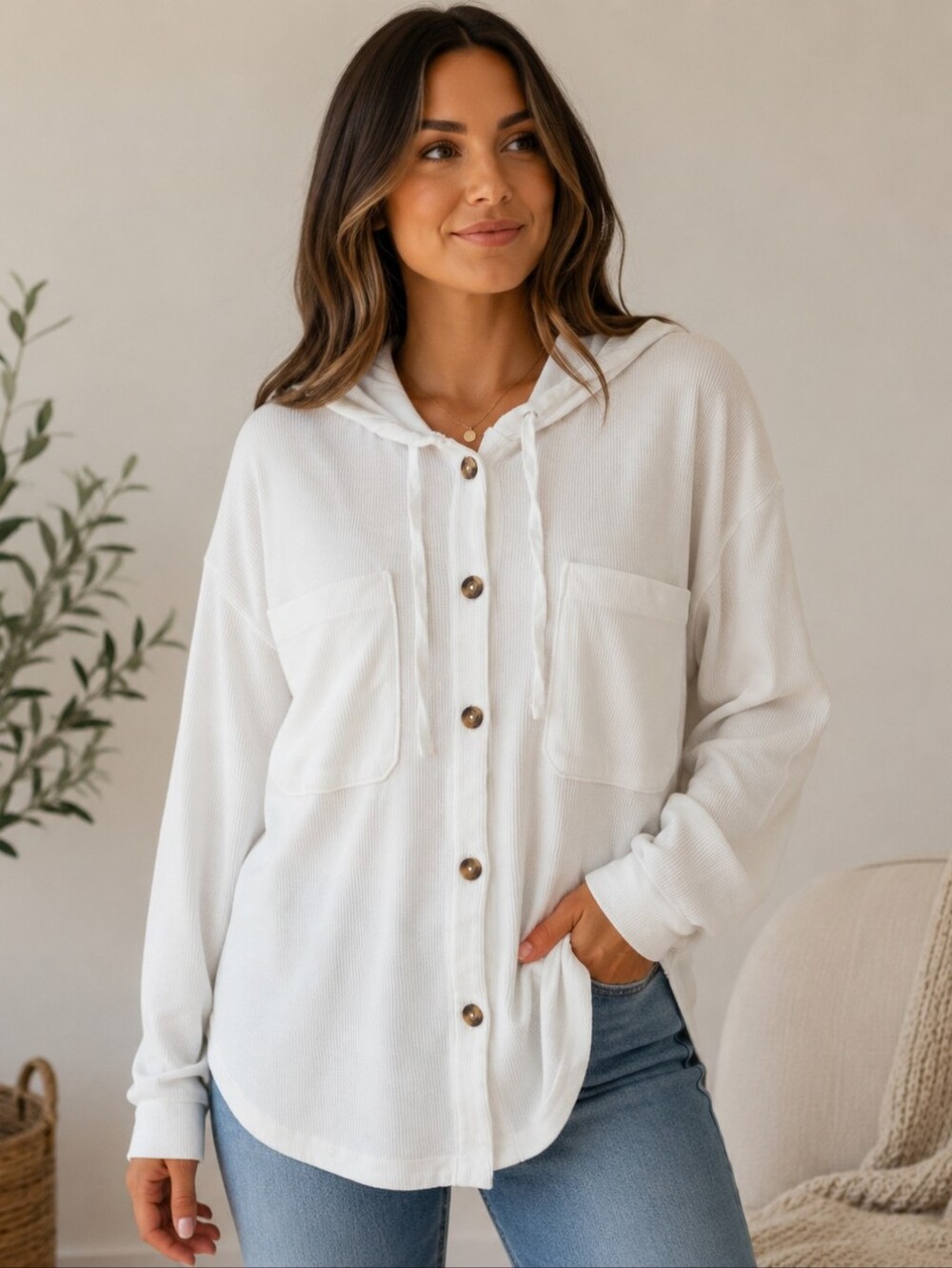 Roxy Cream Button-Front Hooded Shirt